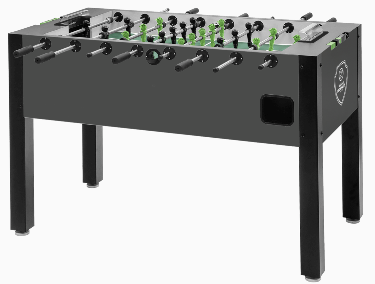 Leo Tournament Kickertisch in Schwarz mit grünen und schwarzen Spielern